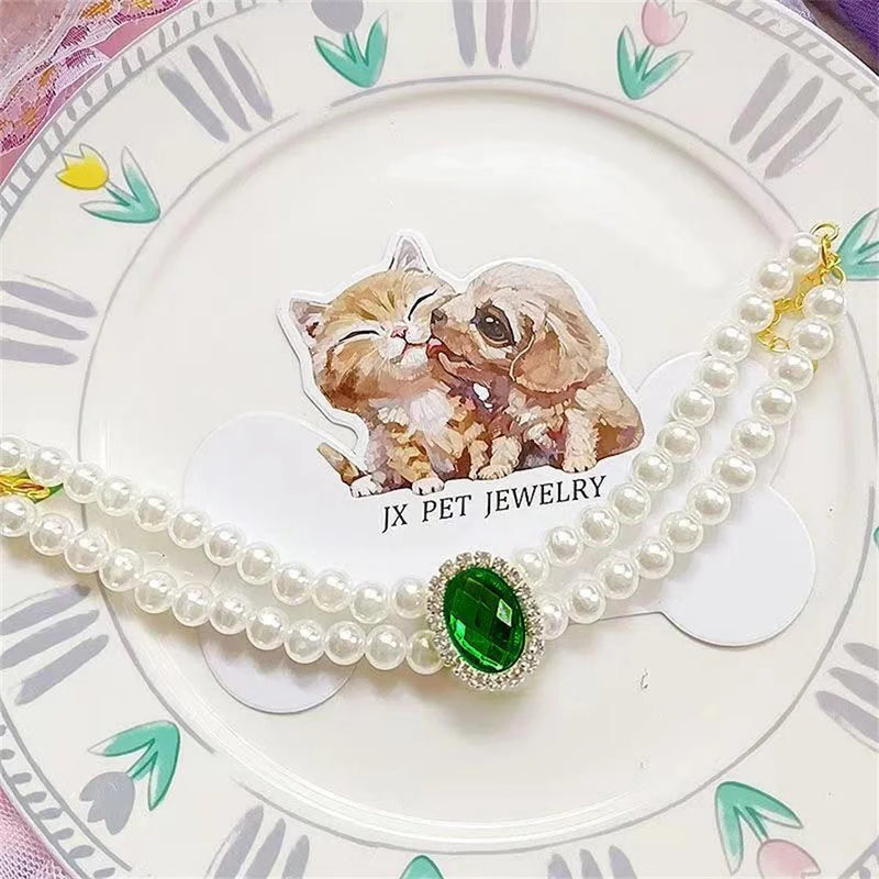 Emerald Gemstone Pearl Cat Necklace Accessories for Cats Products Luxury Cat Collar Pet Necklaces Kitten Puppy Women Supplies