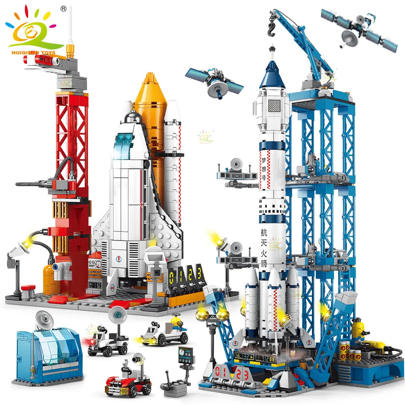 Blocos de Construção Foguete Espacial com Figura de Astronauta - Modelo Aeroespacial para Crianças - Brinquedo Educativo HUIQIBAO TOYS